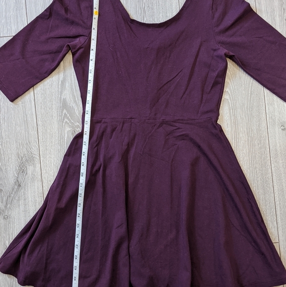 Express 3/4 Sleeve Scoop Back Skater Dress in Eggplant - Picture 3 of 4